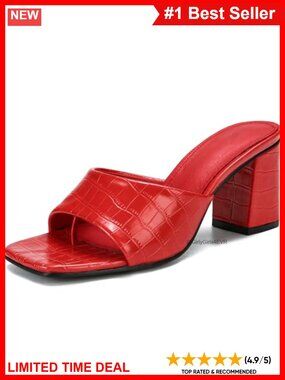Women's Slip On Block High Heels Open Toe Mules Sandals Faux Leather